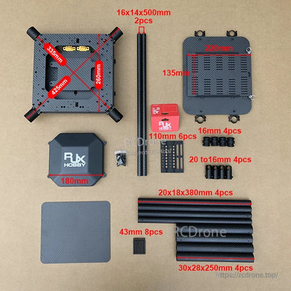 RJX950B carbon fiber umbrella folding quadcopter frame kit with plates, tubes, clamps and hardware (dimensioned)