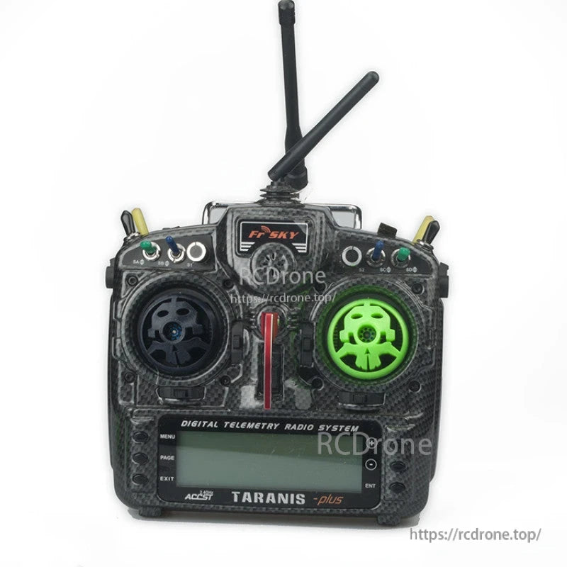 FrSky Taranis Plus RC transmitter with 3D-printed joystick protective covers in green and black