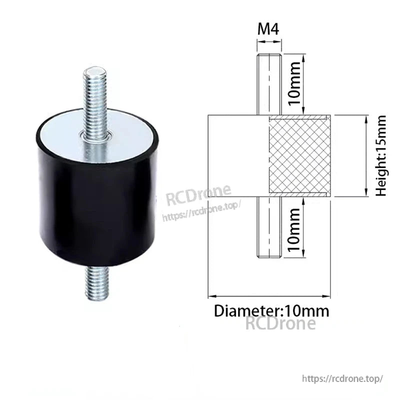 Rubber anti-vibration isolator damper bobbin mount with M4 threaded studs, 10mm diameter and 15mm height