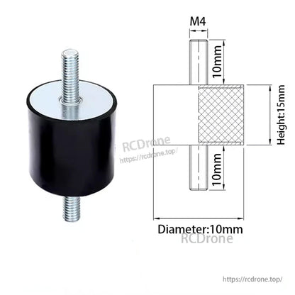 Rubber anti-vibration isolator damper bobbin mount with M4 threaded studs, 10mm diameter and 15mm height