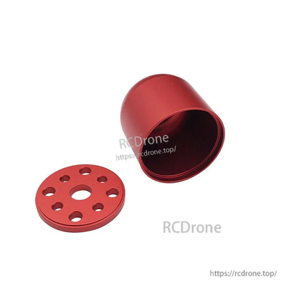 Red aluminum propeller spinner cover with matching backplate disc and multiple mounting holes