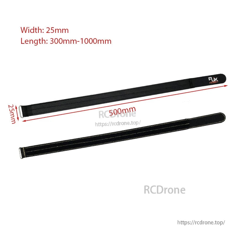 RJXHOBBY 1pc 25mm Kevlar Battery Strap, RJXHOBBY black Kevlar battery strap, 25mm wide with stitched edges and hook-and-loop closure, 500mm length shown