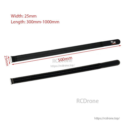 RJXHOBBY 1pc 25mm Kevlar Battery Strap, RJXHOBBY black Kevlar battery strap, 25mm wide with stitched edges and hook-and-loop closure, 500mm length shown