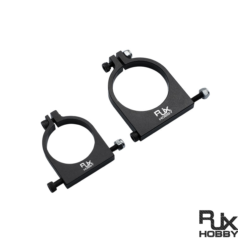 RJXHOBBY 1pc 25mm/30mm Pipe Clamp, Two black RJXHOBBY aluminum pipe clamps with split-ring design and tightening screws for round tubing