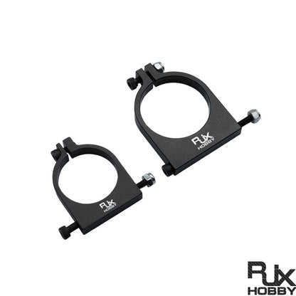 RJXHOBBY 1pc 25mm/30mm Pipe Clamp, Two black RJXHOBBY aluminum pipe clamps with split-ring design and tightening screws for round tubing