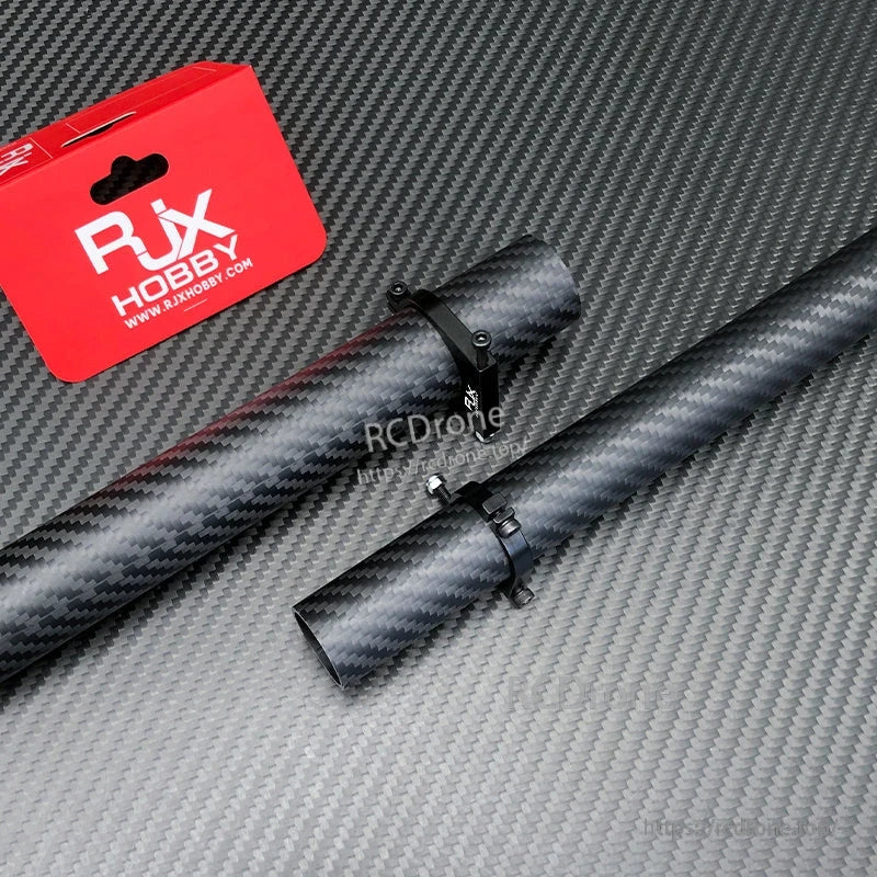 RJXHOBBY 1pc 25mm/30mm Pipe Clamp, RJXHOBBY black aluminum pipe clamp securing two carbon fiber tubes together with a double clamp and screws