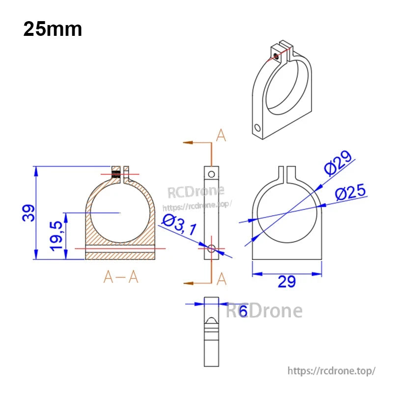 RJXHOBBY 1pc 25mm/30mm Pipe Clamp, 25mm pipe clamp technical drawing with Ø25 inner diameter, Ø29 outer diameter, 29mm width and Ø3.1mm screw hole