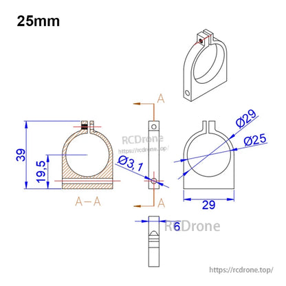 RJXHOBBY 1pc 25mm/30mm Pipe Clamp, 25mm pipe clamp technical drawing with Ø25 inner diameter, Ø29 outer diameter, 29mm width and Ø3.1mm screw hole