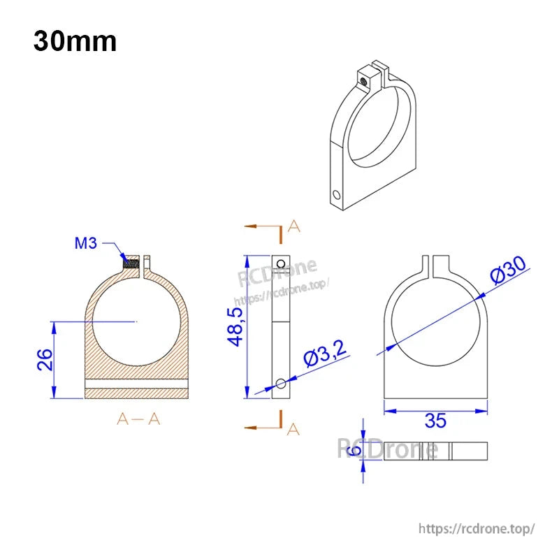 RJXHOBBY 1pc 25mm/30mm Pipe Clamp, Technical drawing of a 30mm pipe clamp with M3 screw and Ø3.2mm mounting hole, showing key dimensions.