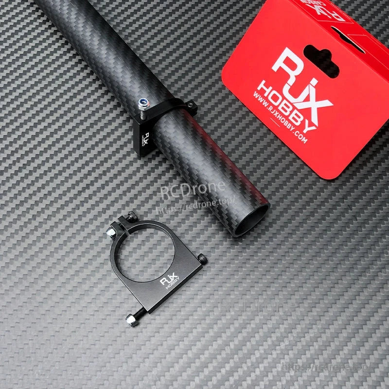 RJXHOBBY 1pc 25mm/30mm Pipe Clamp, RJXHOBBY black aluminum pipe clamp mounted on a carbon fiber tube, with bolt hardware and RJX packaging
