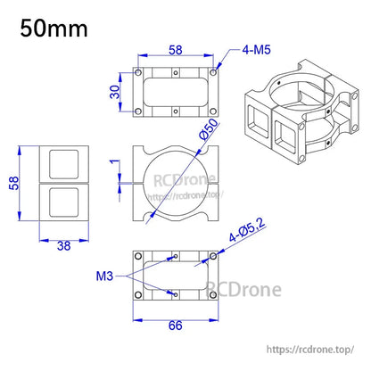 RJXHOBBY 1pc 40/45/50mm Pipe Clip Tubing Clamp, Technical drawing of 50mm pipe clip tubing clamp with 58x30 mm plate and 4-M5 mounting holes