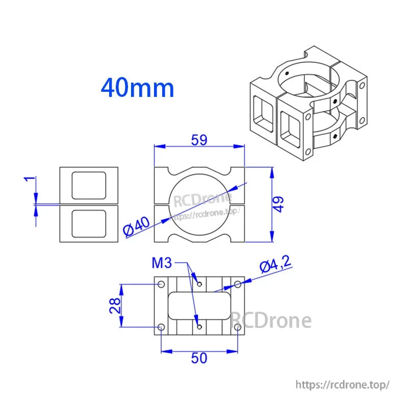 RJXHOBBY 1pc 40/45/50mm Pipe Clip Tubing Clamp, 40mm pipe clip tubing clamp drawing with 59mm width, 49mm height, and M3 mounting holes (Ø4.2).