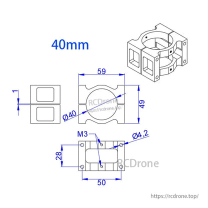 RJXHOBBY 1pc 40/45/50mm Pipe Clip Tubing Clamp, 40mm pipe clip tubing clamp drawing with 59mm width, 49mm height, and M3 mounting holes (Ø4.2).