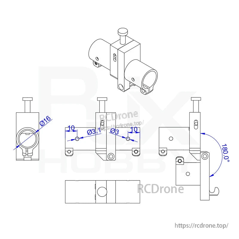 Technical drawing of 16mm CNC horizontal folding arm tube joint clamp with 180° fold range and Ø3 holes