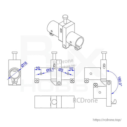 Technical drawing of 16mm CNC horizontal folding arm tube joint clamp with 180° fold range and Ø3 holes