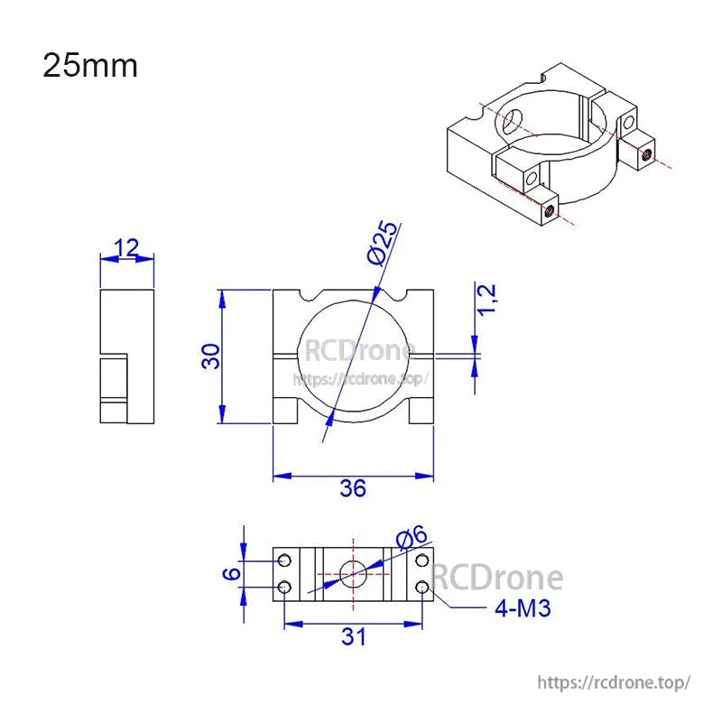 Technical drawing of a 25mm aluminum tube clamp with Ø25 opening, 36mm width, and M3 mounting holes.