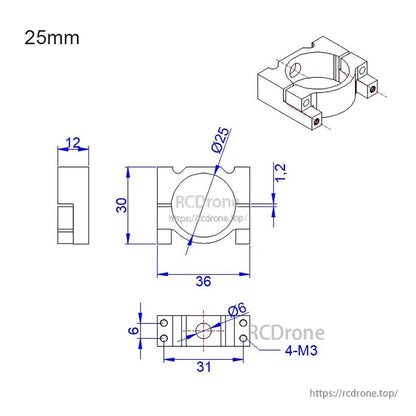 Technical drawing of a 25mm aluminum tube clamp with Ø25 opening, 36mm width, and M3 mounting holes.