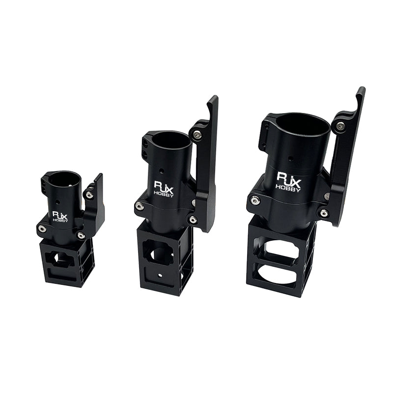 Black RJXHOBBY aluminum folding down arm mount clamp for UAV multicopter, shown in three sizes