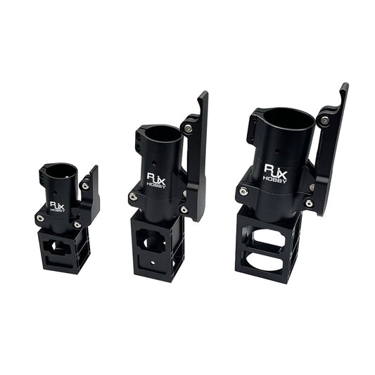 Black RJXHOBBY aluminum folding down arm mount clamp for UAV multicopter, shown in three sizes