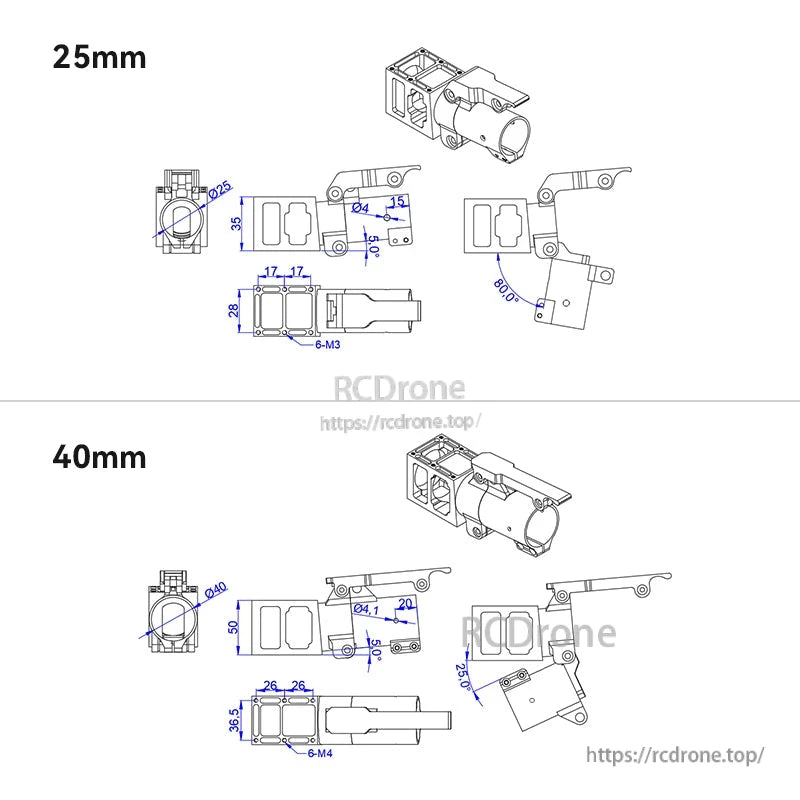Technical drawing of 5° folding down UAV arm mount in 25mm and 40mm sizes with hole spacing dimensions