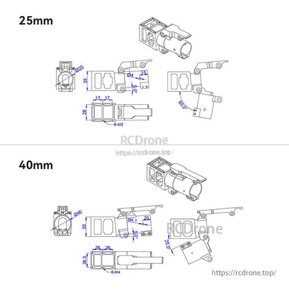 Technical drawing of 5° folding down UAV arm mount in 25mm and 40mm sizes with hole spacing dimensions