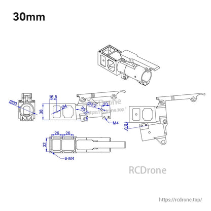 Dimension drawing of 30mm folding down UAV arm mount bracket with clamp and M4 hole pattern