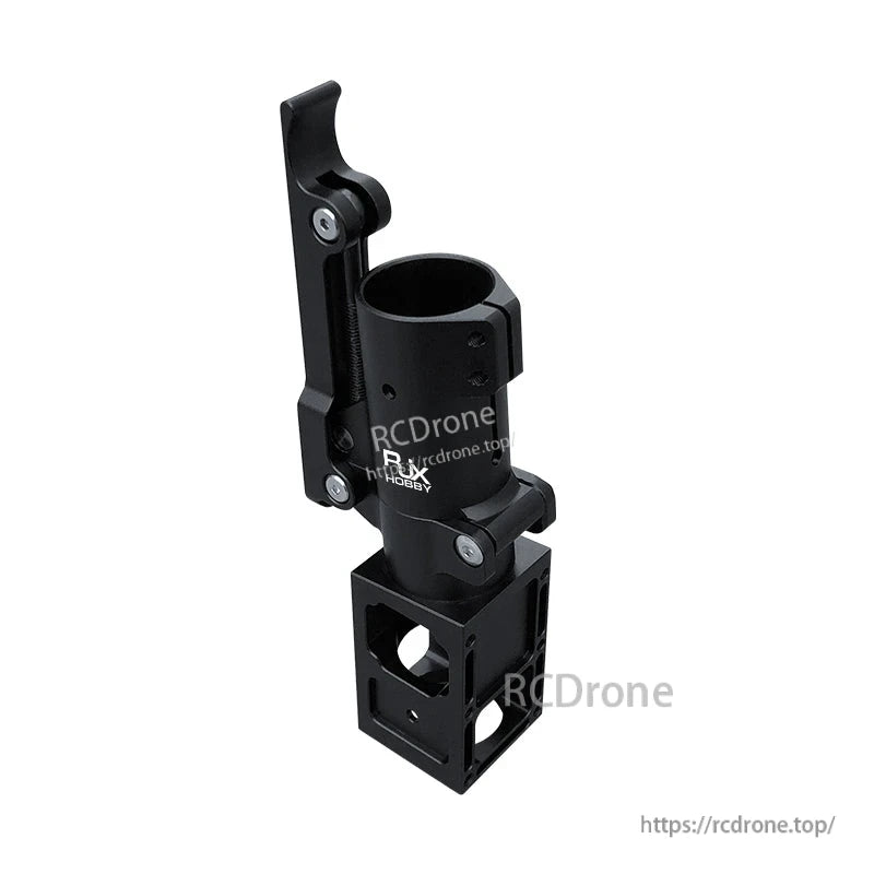 Black aluminum 5° folding down arm clamp mount for UAV multicopter, with hinge pins and square base bracket