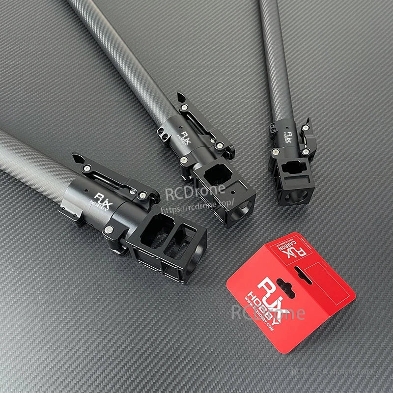RJXHOBBY black aluminum folding down arm mounts on carbon-fiber tubes, with hinged clamp and hardware