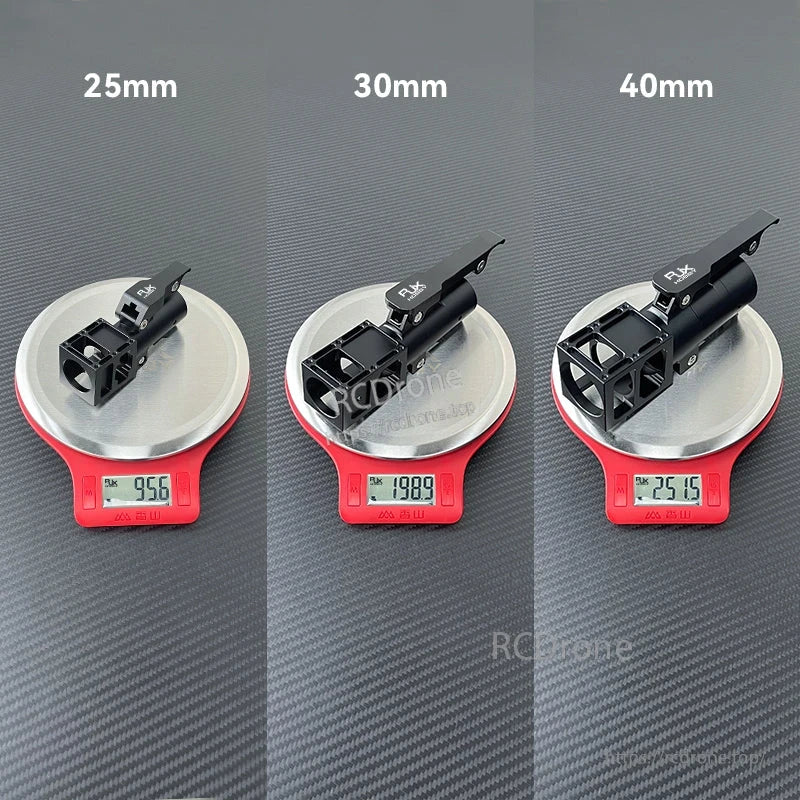 RJXHOBBY black aluminium 5° folding down UAV arm in 25mm, 30mm and 40mm sizes on digital scales