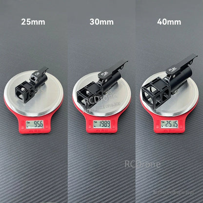 RJXHOBBY black aluminium 5° folding down UAV arm in 25mm, 30mm and 40mm sizes on digital scales