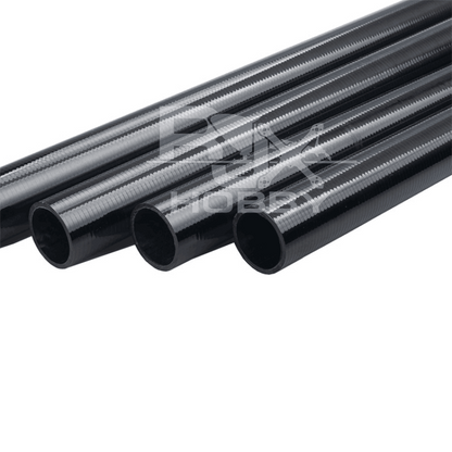 Glossy carbon fiber tube with woven pattern finish and open ends, suitable for RC and DIY builds