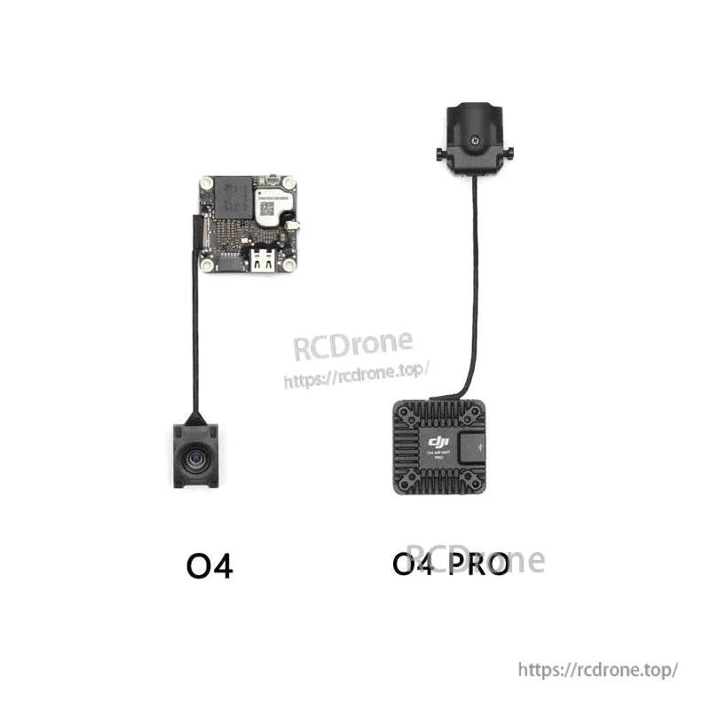Coaxial cable connecting DJI O4 and O4 Pro FPV camera modules to their air unit boards, side-by-side