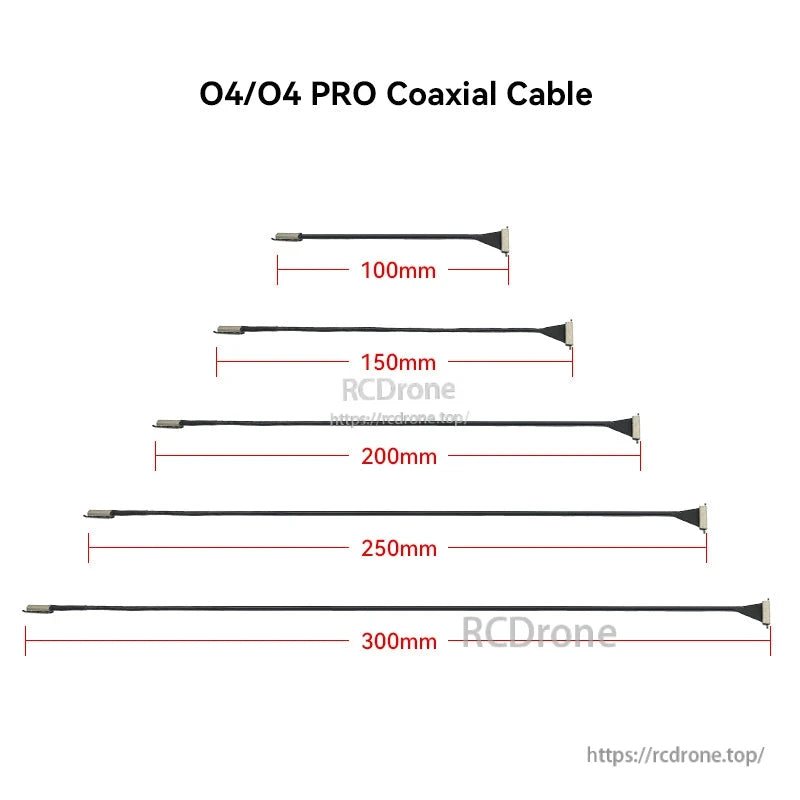O4/O4 Pro coaxial cable options with micro connectors in 100mm, 150mm, 200mm, 250mm, and 300mm lengths