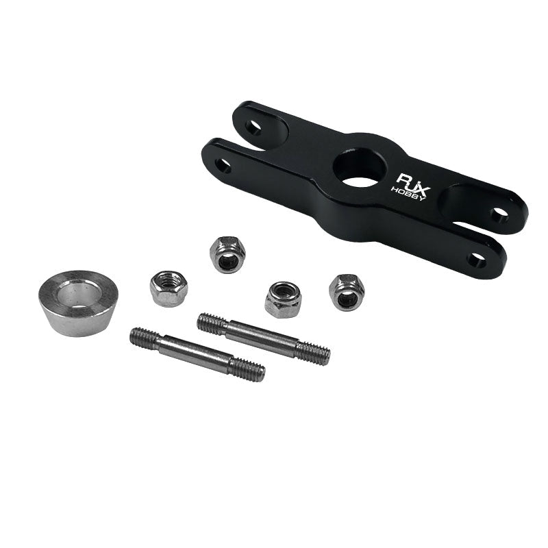 RJXHOBBY 1pcs Folding Propeller Clip, RJXHOBBY black metal folding propeller clip with included bolts, nuts, and spacer laid out on a white background