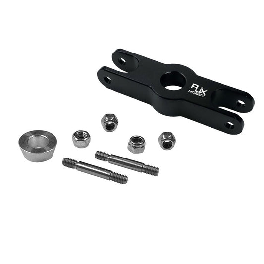 RJXHOBBY 1pcs Folding Propeller Clip, RJXHOBBY black metal folding propeller clip with included bolts, nuts, and spacer laid out on a white background