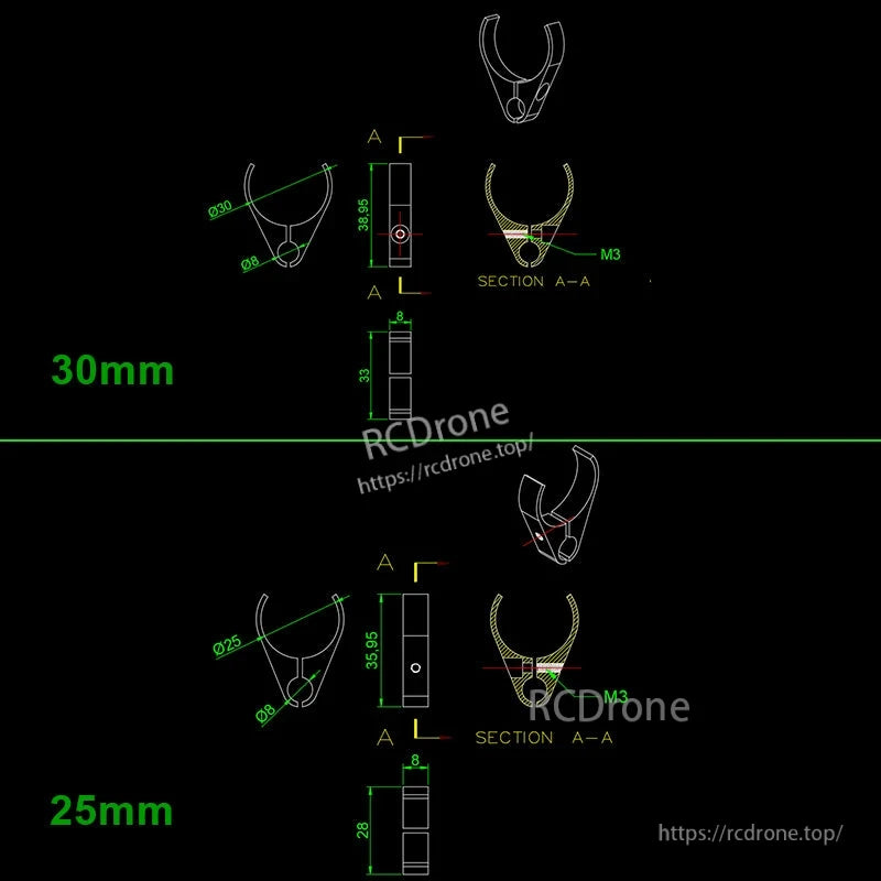 RJXHOBBY 25/30mm Aluminum Alloy Pipe Clamp, Technical drawing of RJXHOBBY aluminum alloy pipe clamp in 25mm and 30mm sizes with M3 mounting hole