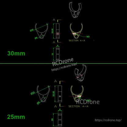 RJXHOBBY 25/30mm Aluminum Alloy Pipe Clamp, Technical drawing of RJXHOBBY aluminum alloy pipe clamp in 25mm and 30mm sizes with M3 mounting hole