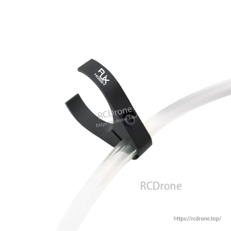RJXHOBBY 25/30mm Aluminum Alloy Pipe Clamp, Black RJXHOBBY aluminum alloy pipe clamp mounted on a clear tube, with bolt hole and curved strap design