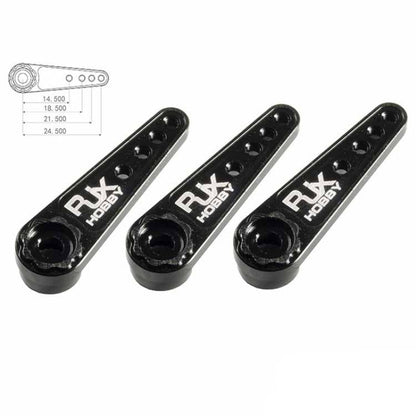 RJXHOBBY 25T Aluminum Servo Arm, RJXHOBBY 25T black aluminum servo arm horn with multiple linkage holes and RJX Hobby logo