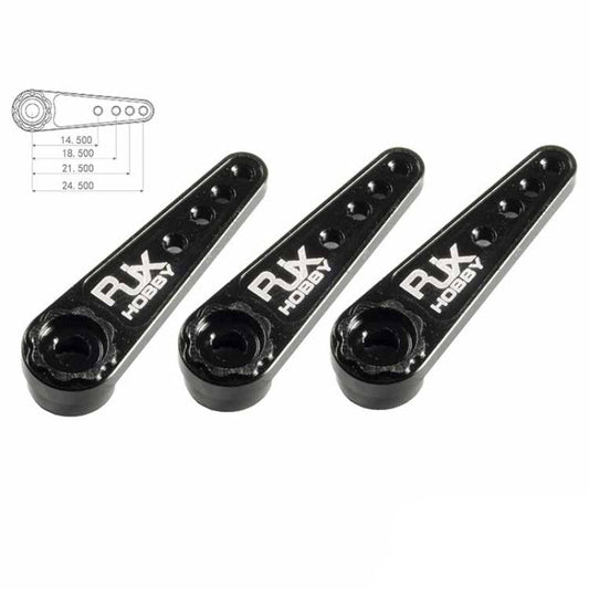 RJXHOBBY 25T Aluminum Servo Arm, RJXHOBBY 25T black aluminum servo arm horn with multiple linkage holes and RJX Hobby logo