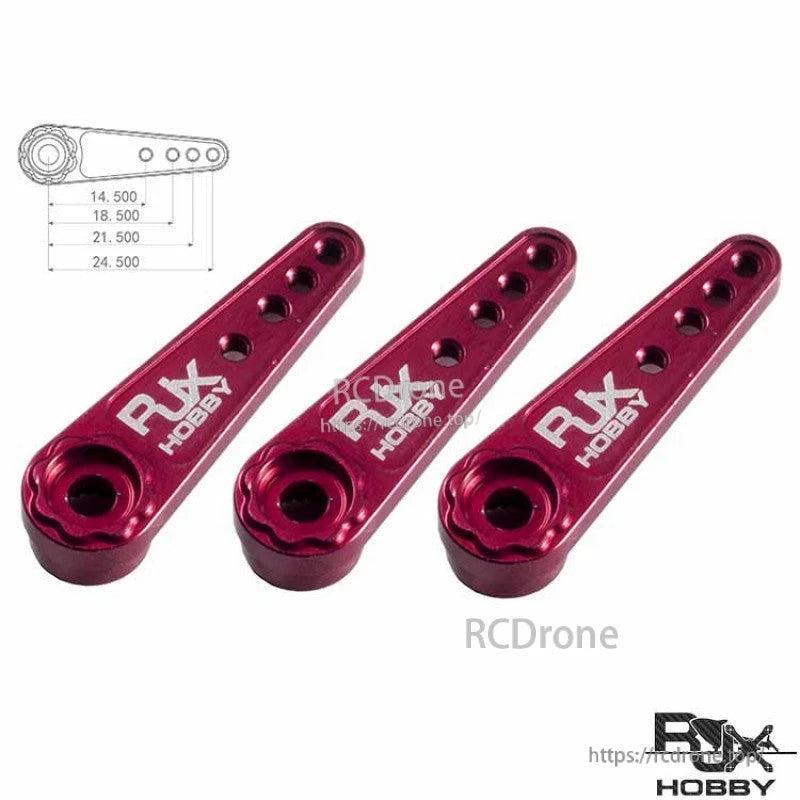 Three red RJXHOBBY 25T aluminum servo arms with multiple linkage holes and 14.5–24.5 mm spacing diagram