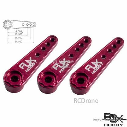 Three red RJXHOBBY 25T aluminum servo arms with multiple linkage holes and 14.5–24.5 mm spacing diagram
