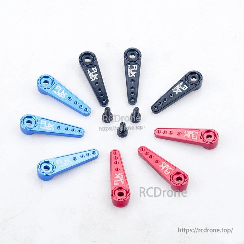 RJXHOBBY 25T aluminum servo arms in blue, red, and black with multiple mounting holes and screws