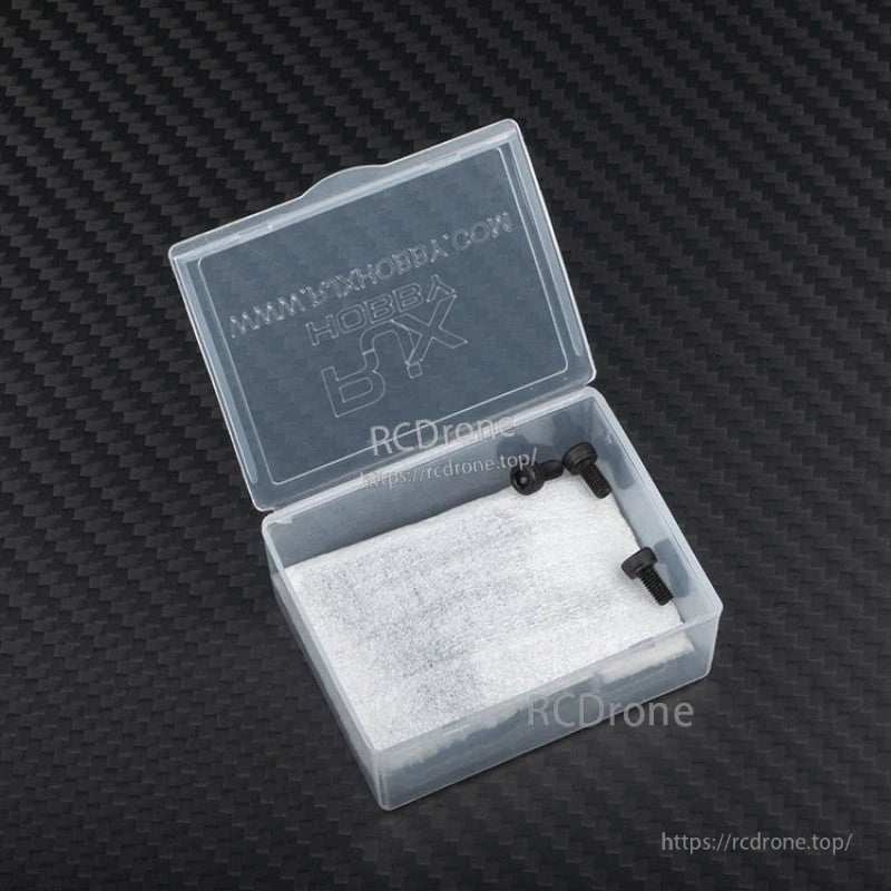 RJXHOBBY 25T Aluminum Servo Arm, Clear plastic RJXHobby parts case with foam insert and three black screws on a carbon-fiber surface