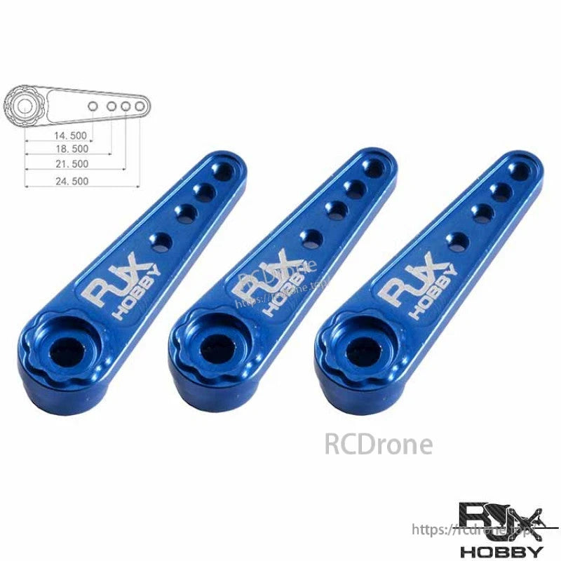 RJXHOBBY 25T Aluminum Servo Arm, Blue RJXHOBBY aluminum servo arm horn with multiple linkage holes and a dimension diagram for hole spacing