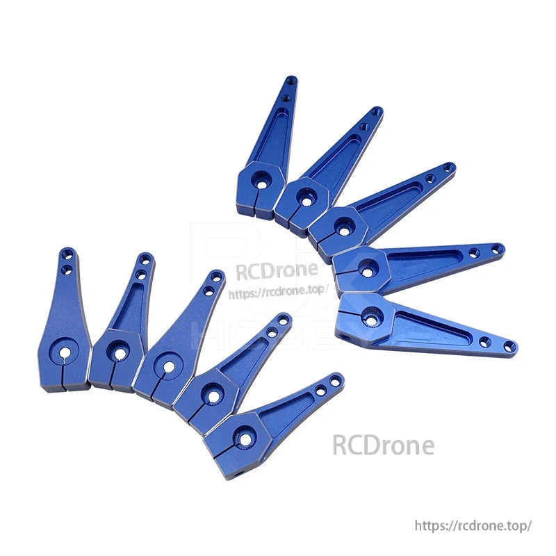 Blue CNC aluminum 25T servo horn arms for Futaba/Savox, with multiple linkage holes and clamping base