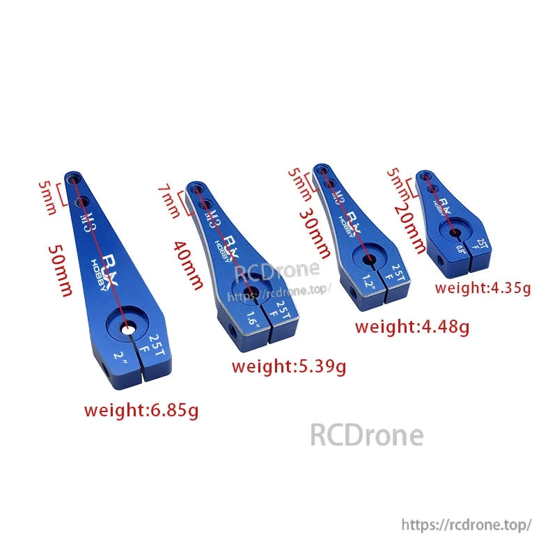Blue 25T aluminum servo horns for Futaba/Savox servos in 20, 30, 40 and 50mm lengths with weights