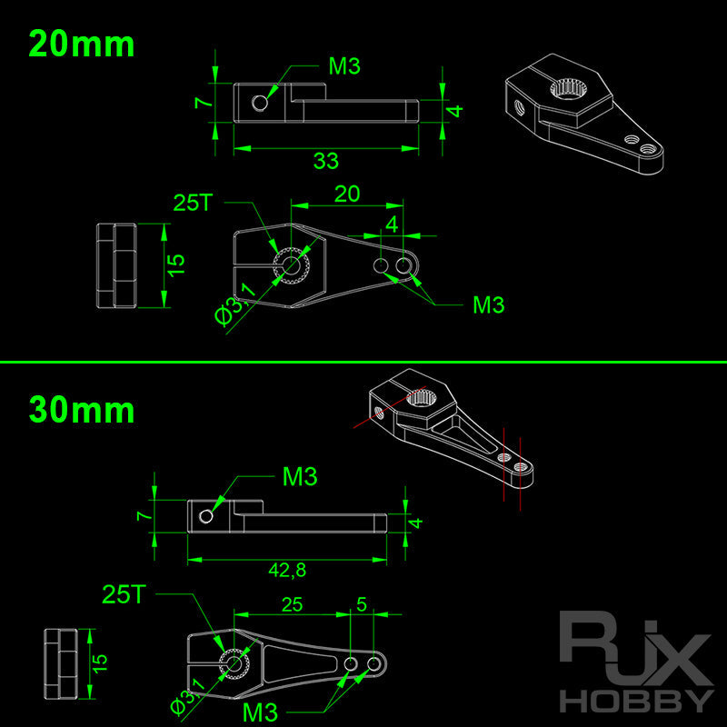 Technical drawing of RJXHOBBY 25T aluminum servo horn with M3 holes, showing 20mm and 30mm arm dimensions