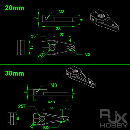 Technical drawing of RJXHOBBY 25T aluminum servo horn with M3 holes, showing 20mm and 30mm arm dimensions