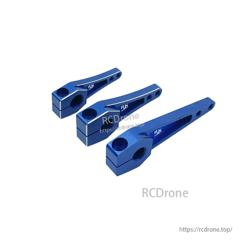 Blue CNC aluminum 25T servo horn for Futaba/Savox style servos, shown in three arm lengths with mounting holes